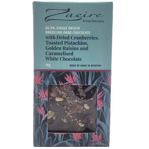 Zaeire Artisan Chocolates 66.8% Single Origin Brazilian Dark Chocolate with Dried Cranberries, Toasted Pistachios, Golden Raisins, and Caramelised White Chocolate 70g